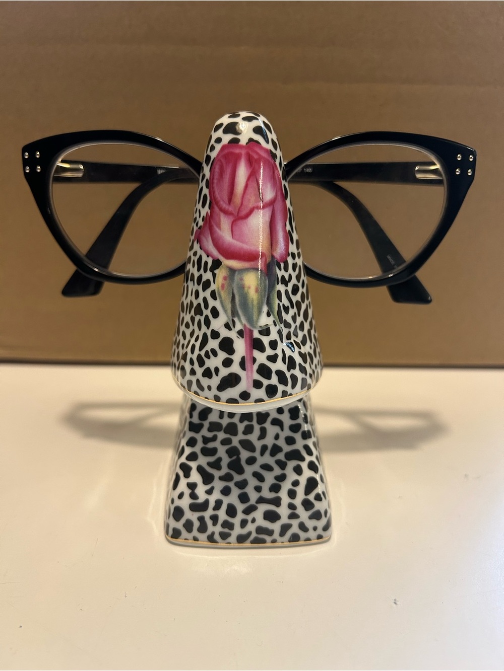 Sorelle Porcelain Eyeglass Holder w/Pink Rose & Black Spot Pattern & Gold Trim